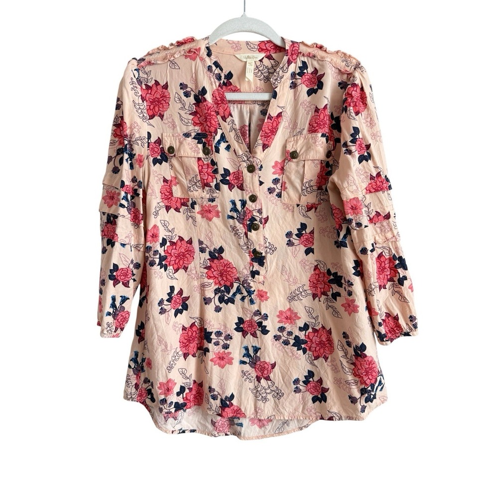 Matilda Jane Livery Millie Peach Floral Henley Popover Blouse Top Women's Size M